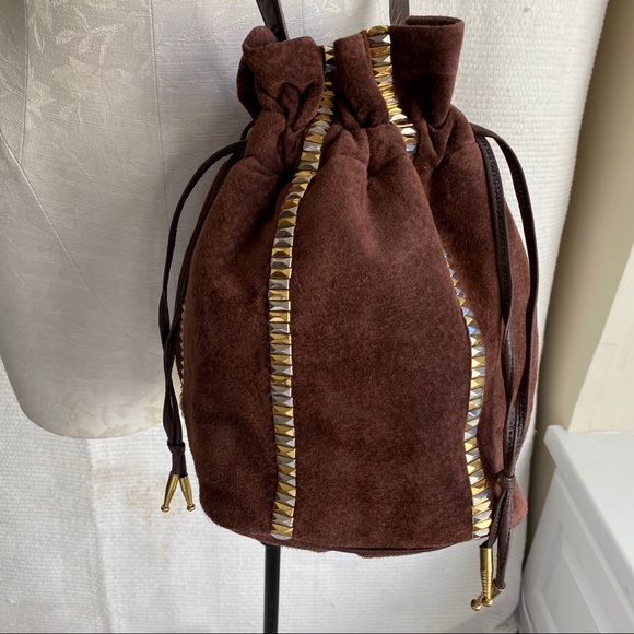 Vintage Handbags - Vintage 70s Crossbody Suede Studs Bucket Bag Brown